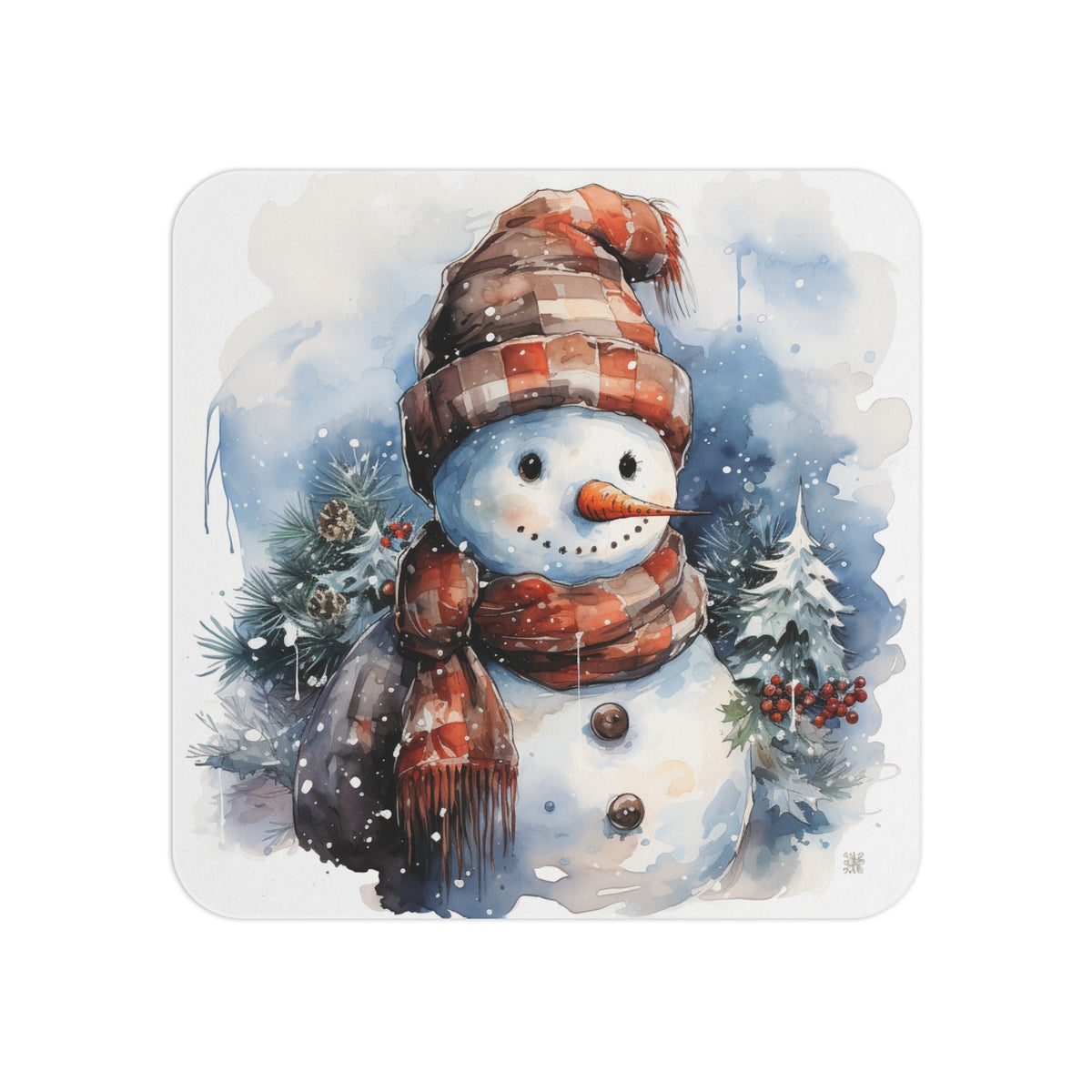 Charming Snowman-Themed Christmas Coaster – Sublimation Design Featuring a Snowman in a Cozy Plaid Hat and Scarf, Set Against a Festive Wintery Background with Snow-Covered Trees, Perfect for Holiday Décor and Seasonal Gifting.