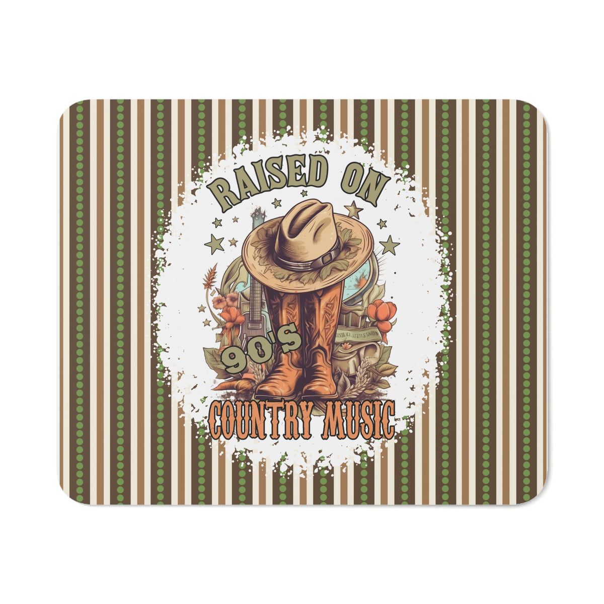 Country Music Mouse Pad – 'Raised on 90's Country Music' Design Featuring Cowboy Hat, Boots, and Rustic Accents. A Nostalgic and Stylish Addition to Any Desk Setup!