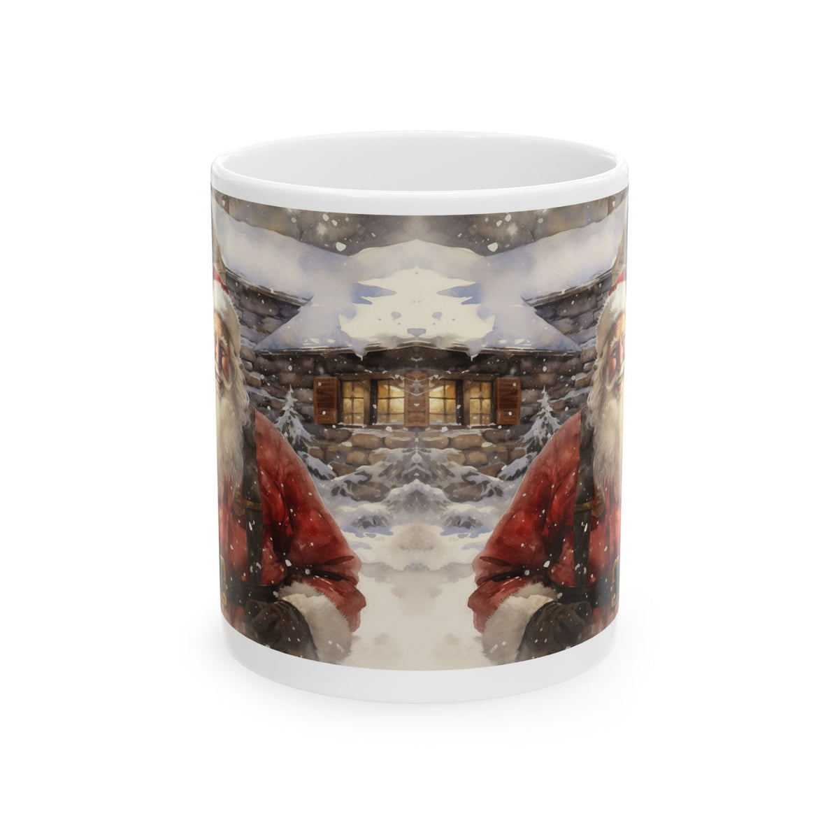 Vintage Santa Claus Mug – Sublimation Ceramic Design in 11oz and 15oz Sizes, Featuring a Classic Christmas Scene with Snowy Cabin and Cheerful Santa, Perfect for Holiday Gifting.