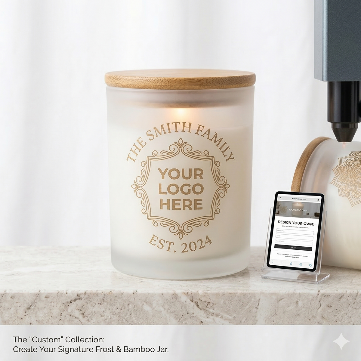 Custom candle jars with personalized designs and branding created by HV Homestead