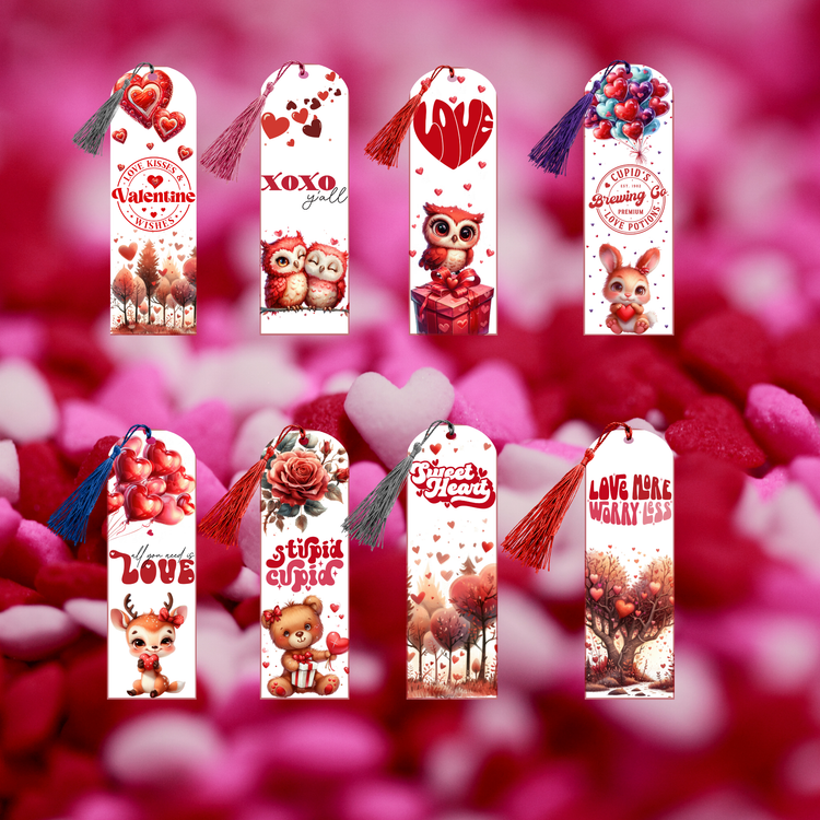 A set of eight tall Valentine‑themed bookmarks with red and pink hearts, cute animals, and sweet sayings arranged on a soft pink heart‑shaped background.