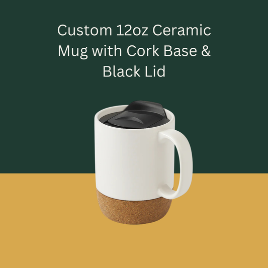 Custom 12oz Ceramic Mug with Cork Base & Black Lid