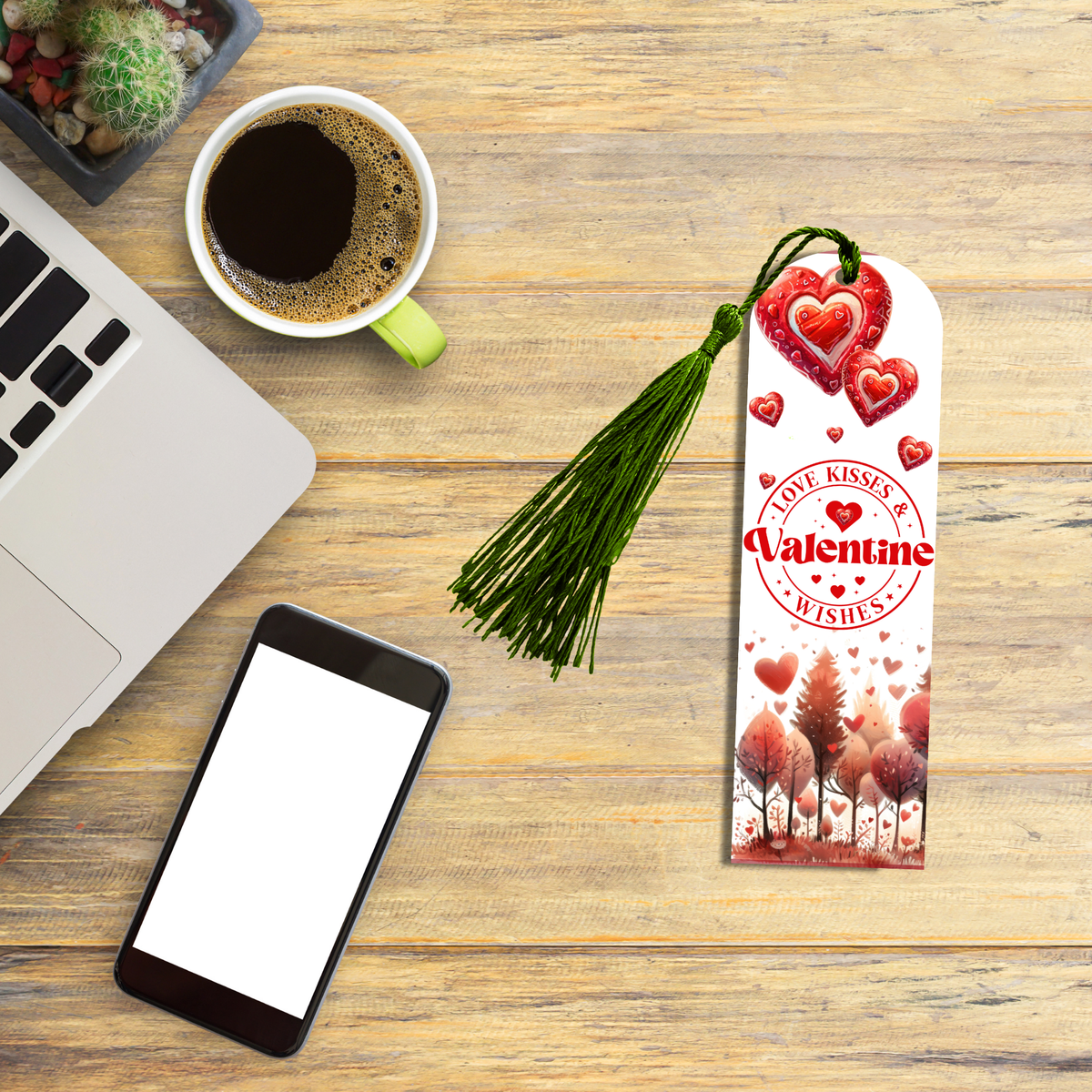 "Valentine’s bookmark printed on aluminum with hearts, romantic forest art, and the phrase ‘Love, Kisses & Valentine Wishes.’"