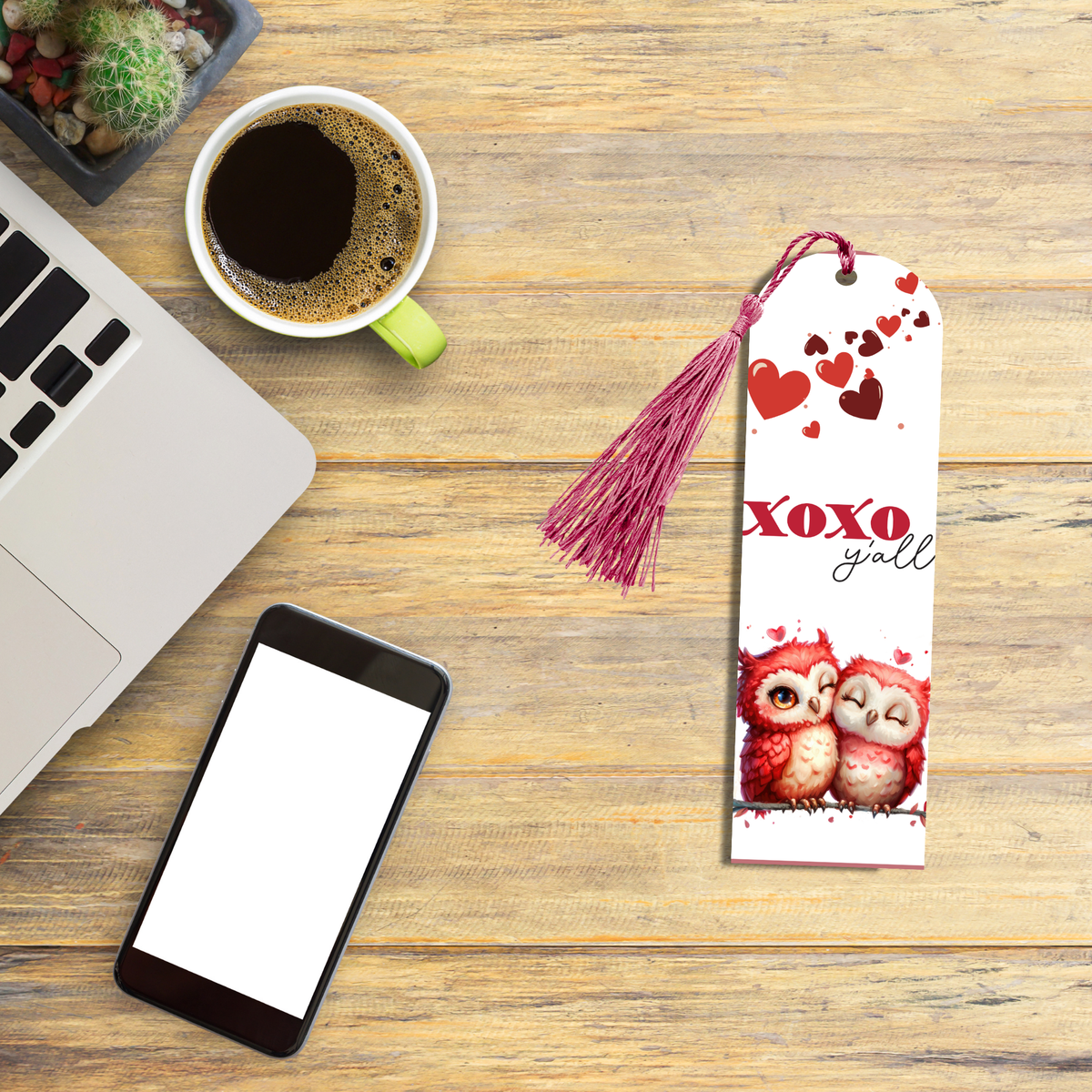 "Aluminum Valentine’s bookmark with two red owls cuddling, hearts, and the phrase 'XOXO y’all' in playful red and script text."