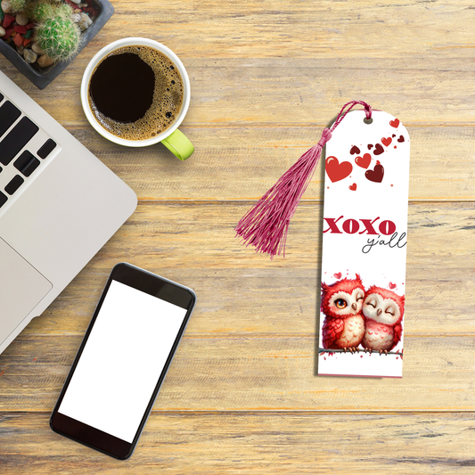 "Aluminum Valentine’s bookmark with two red owls cuddling, hearts, and the phrase 'XOXO y’all' in playful red and script text."