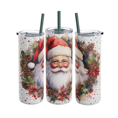Festive 20oz sublimation tumbler featuring a classic Santa Claus design surrounded by holiday greenery, pinecones, and poinsettias. Accented with delicate snowflakes, this double-walled tumbler keeps beverages hot or cold and includes a reusable straw. Perfect for spreading holiday cheer and gifting during the Christmas season.