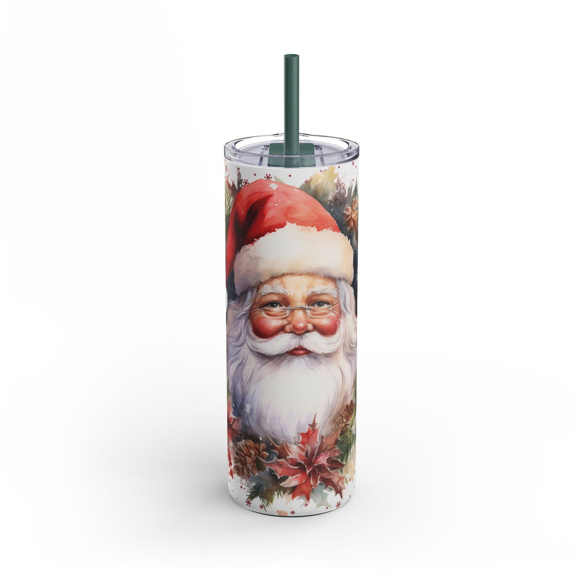 Festive 20oz sublimation tumbler featuring a classic Santa Claus design surrounded by holiday greenery, pinecones, and poinsettias. Accented with delicate snowflakes, this double-walled tumbler keeps beverages hot or cold and includes a reusable straw. Perfect for spreading holiday cheer and gifting during the Christmas season.