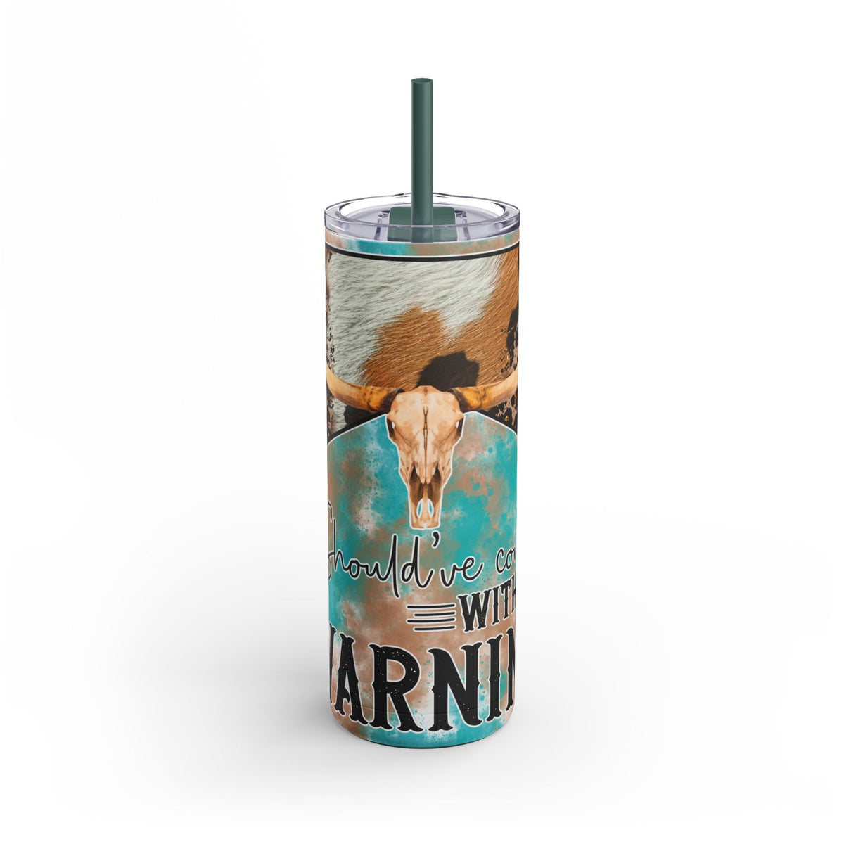 Bold 20oz sublimation tumbler featuring a rustic longhorn skull, turquoise and brown distressed background, and leopard print accents with the phrase 'Should've Come with a Warning.' Perfect for country and western enthusiasts, this double-walled tumbler keeps drinks hot or cold and includes a reusable straw for eco-friendly hydration.