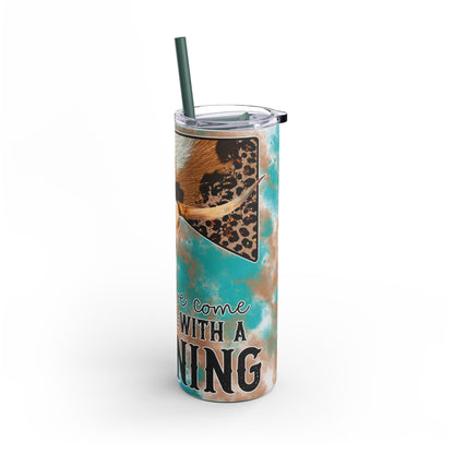 Bold 20oz sublimation tumbler featuring a rustic longhorn skull, turquoise and brown distressed background, and leopard print accents with the phrase 'Should've Come with a Warning.' Perfect for country and western enthusiasts, this double-walled tumbler keeps drinks hot or cold and includes a reusable straw for eco-friendly hydration.
