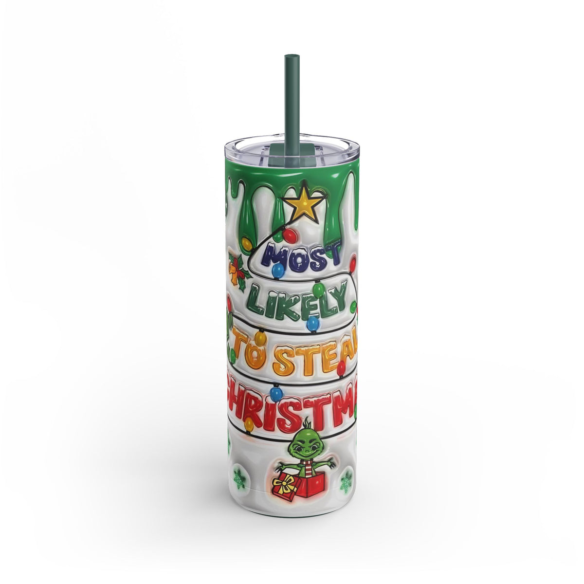 Playful 20oz sublimation tumbler with a festive holiday theme featuring vibrant green drips, ornaments, and the humorous phrase 'Most Likely to Steal Christmas.' Perfect for holiday gifting, this double-walled tumbler keeps beverages hot or cold and includes a reusable straw for sustainable sipping.
