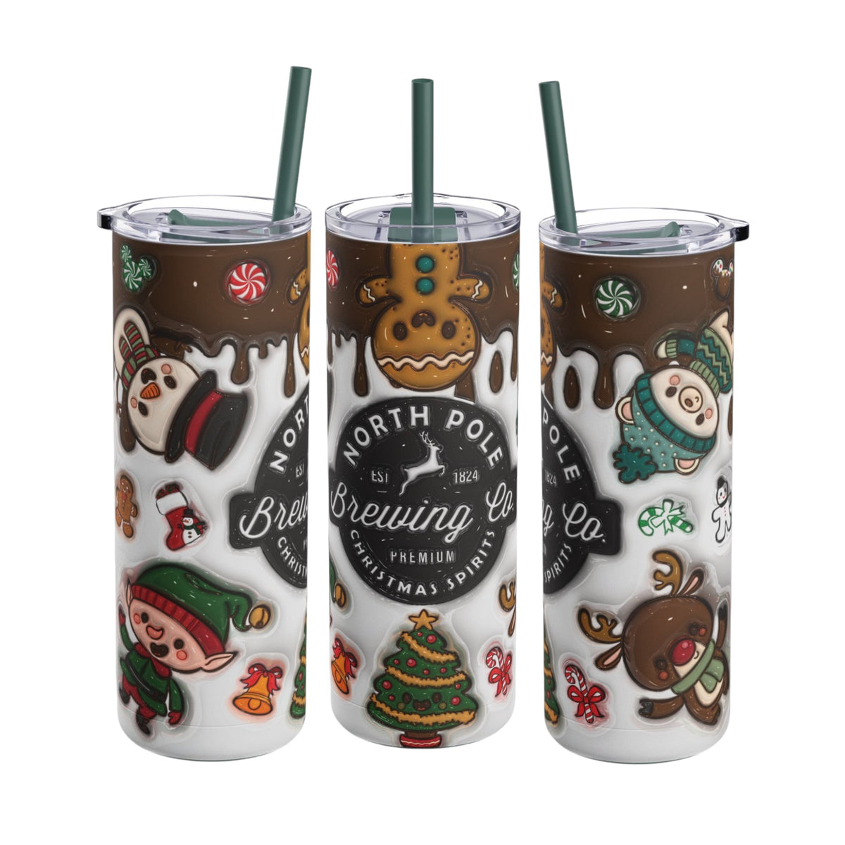 Festive 20oz sublimation tumbler featuring the whimsical 'North Pole Brewing Co.' design with adorable gingerbread, reindeer, elves, and holiday treats. With chocolate-drip accents and a Christmas theme, this double-walled tumbler keeps drinks hot or cold and includes a reusable straw, making it a perfect seasonal gift