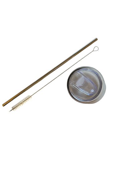 Eco-friendly stainless steel tumbler lid and straw set with cleaning brush – perfect for reusable drinkware enthusiasts. Includes a clear, secure lid, durable metal straw, and convenient cleaning tool. Ideal for sustainable living and on-the-go beverages.
