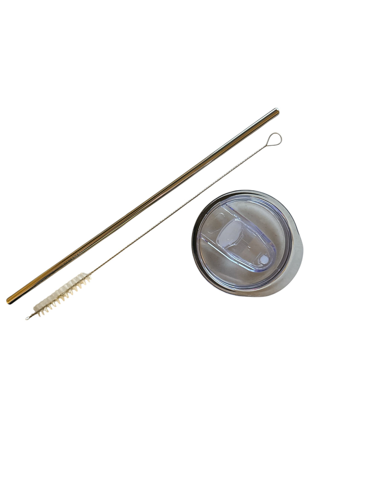 Eco-friendly stainless steel tumbler lid and straw set with cleaning brush – perfect for reusable drinkware enthusiasts. Includes a clear, secure lid, durable metal straw, and convenient cleaning tool. Ideal for sustainable living and on-the-go beverages