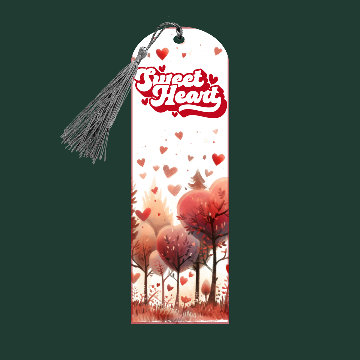 "Valentine’s bookmark with ‘Sweet Heart’ text and red tree landscape with floating hearts, printed on aluminum with tassel."