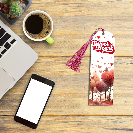 "Valentine’s bookmark with ‘Sweet Heart’ text and red tree landscape with floating hearts, printed on aluminum with tassel."