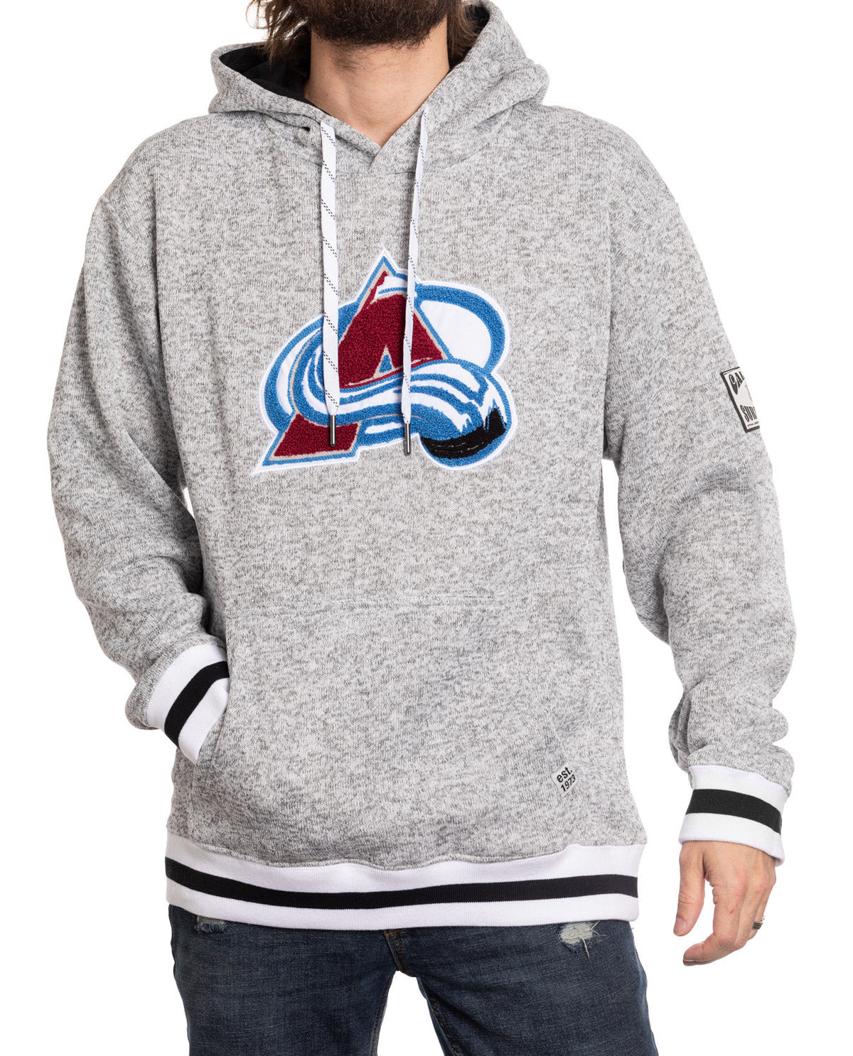 Person wearing a gray hoodie with a sports team logo on a white background