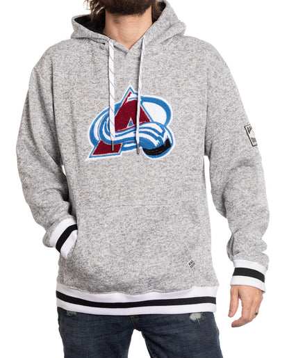 Person wearing a gray hoodie with a sports team logo on a white background