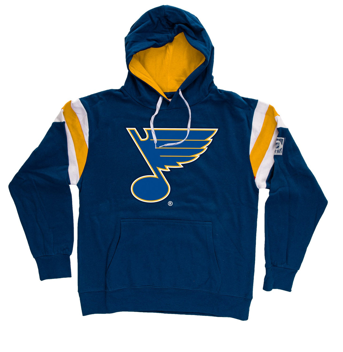 Blue hoodie with yellow accents and a logo on a white background