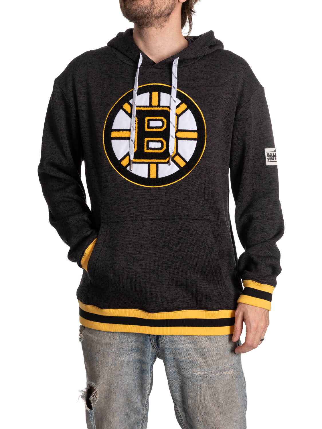 Black hoodie with a logo worn by a person on a white background