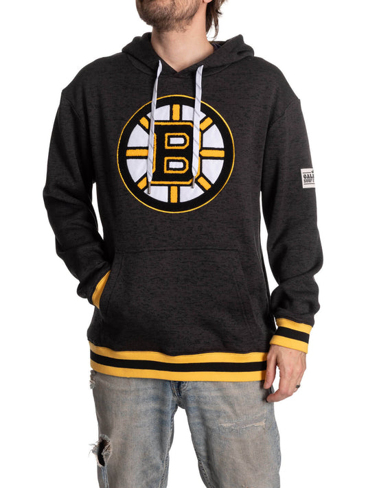 Black hoodie with a logo worn by a person on a white background