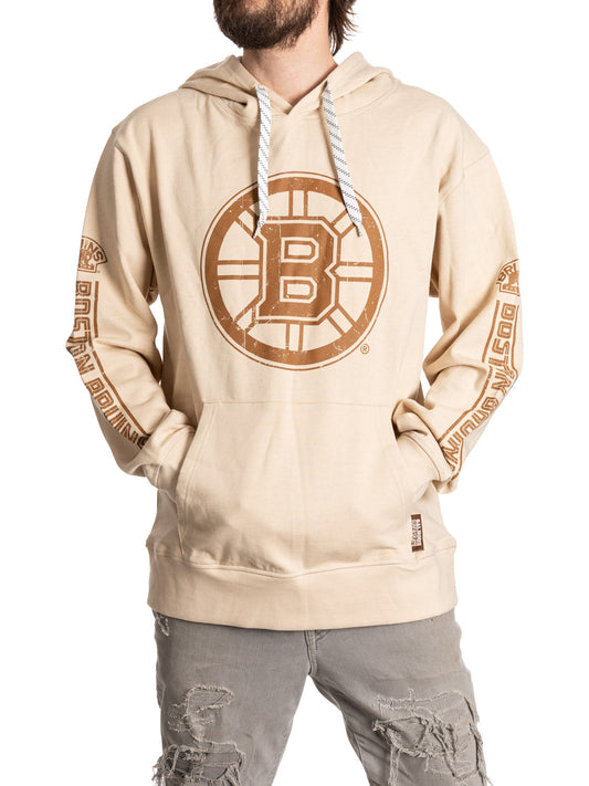 Beige hoodie with a logo worn by a person on a white background