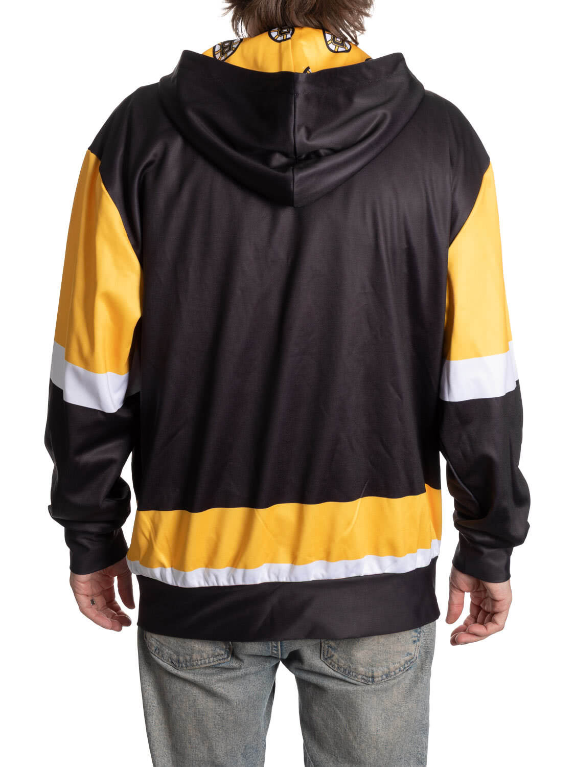 Black and yellow hoodie with white stripes on a white background