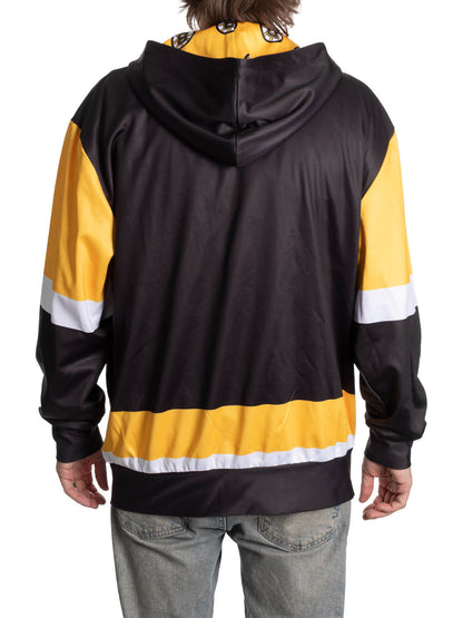 Black and yellow hoodie with white stripes on a white background