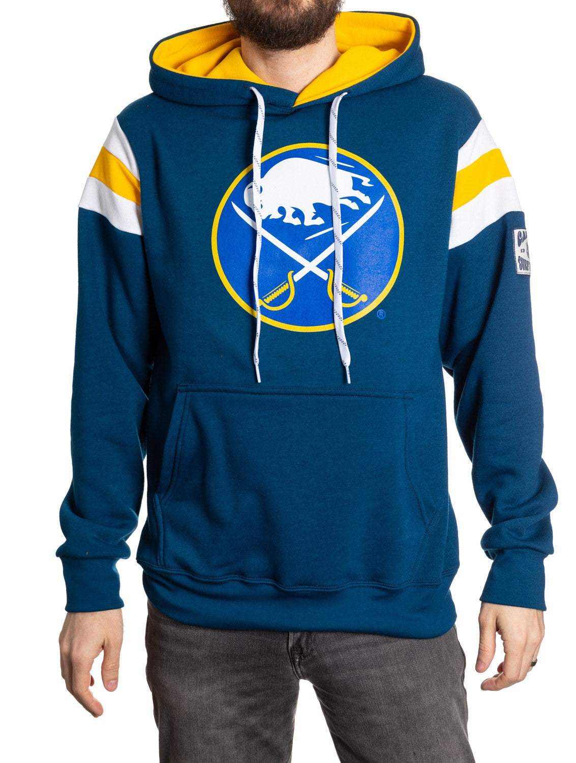 Blue hoodie with a logo on a white background