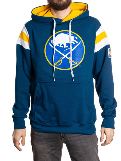 Blue hoodie with a logo on a white background