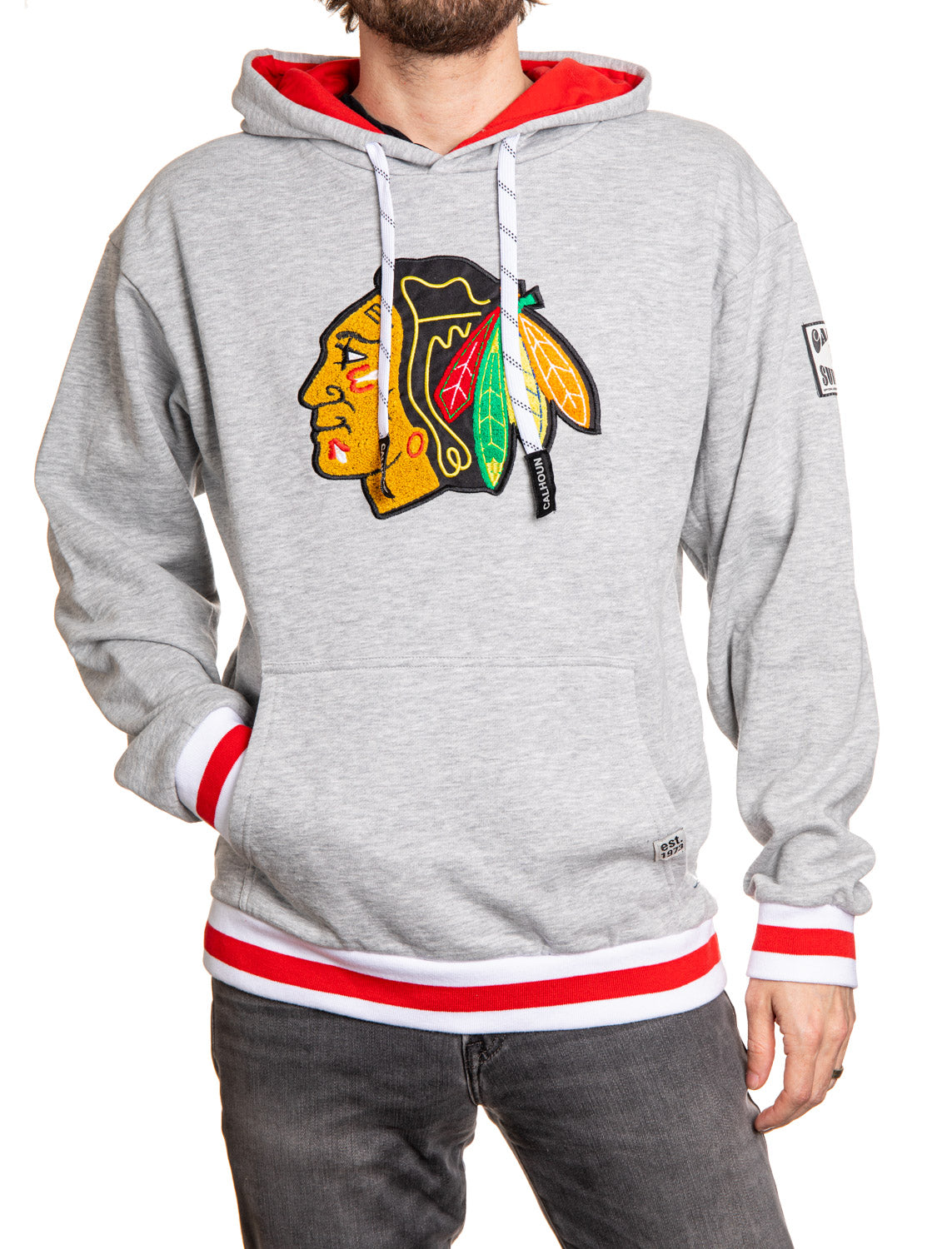 Person wearing a gray hoodie with a sports team logo on a white background