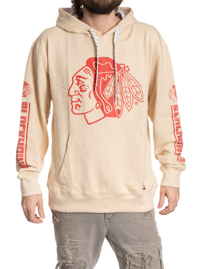 Beige hoodie with red graphic design on a white background