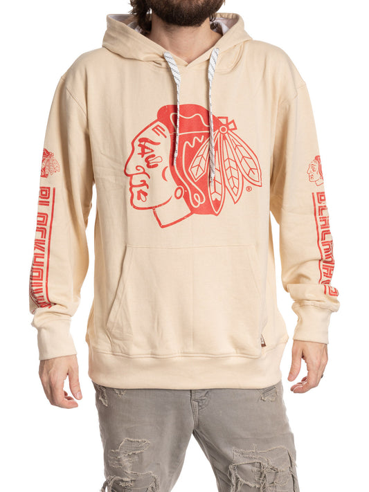 Beige hoodie with red graphic design on a white background