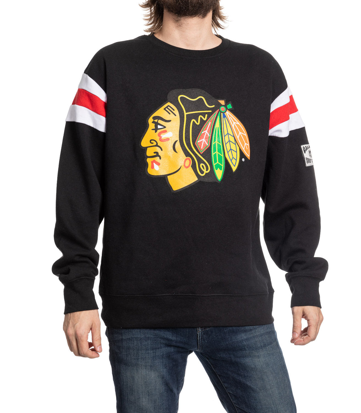 Black sweatshirt with a sports team logo on a white background