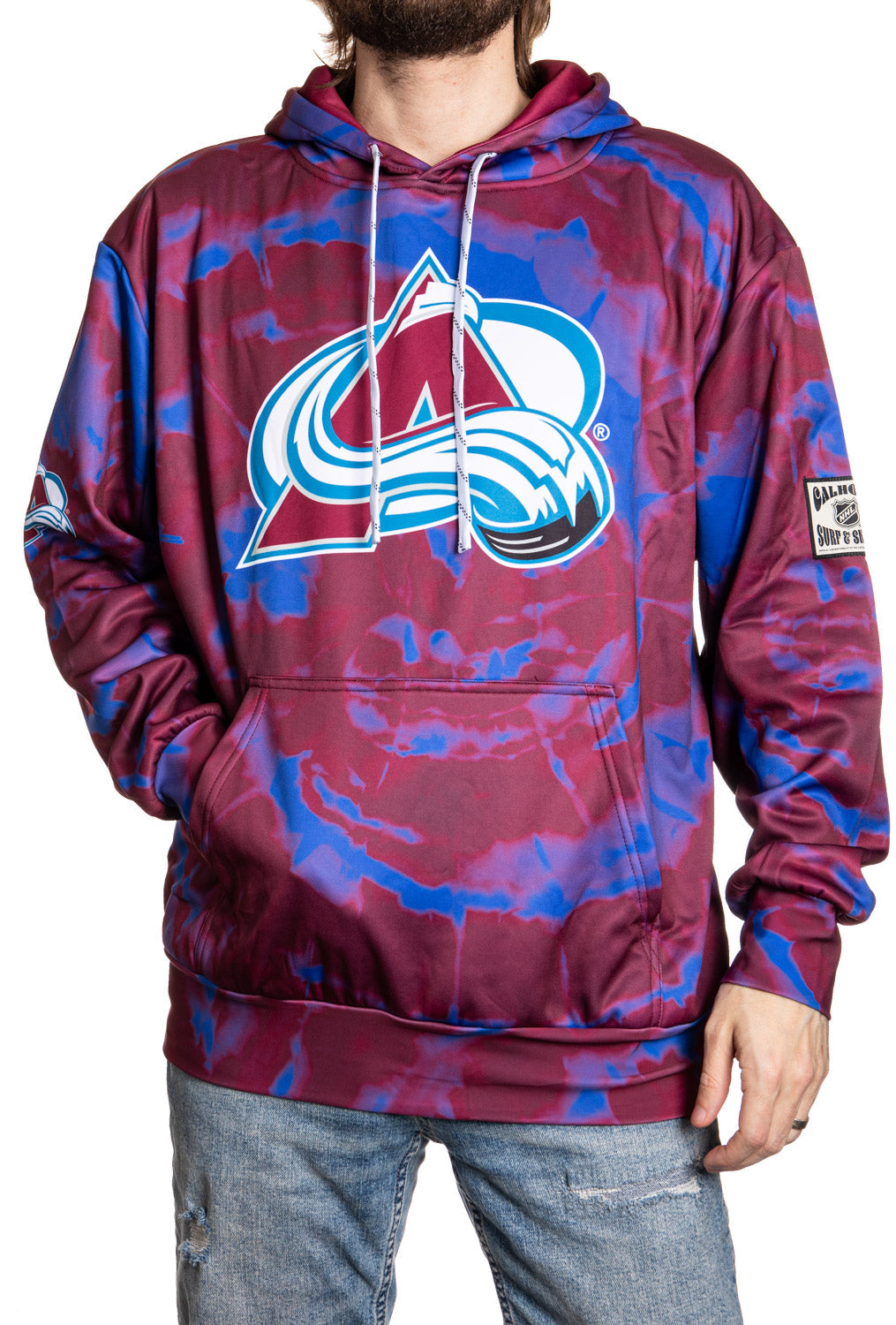 Maroon and blue hoodie with a logo on a person
