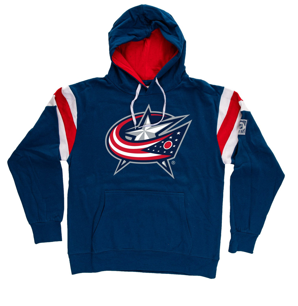 Blue hoodie with red lining and a prominent logo on a white background