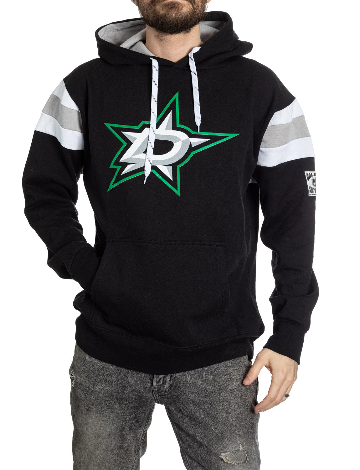Person wearing a black hoodie with a logo on a white background