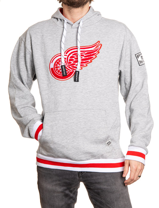 Gray hoodie with a red logo on a white background