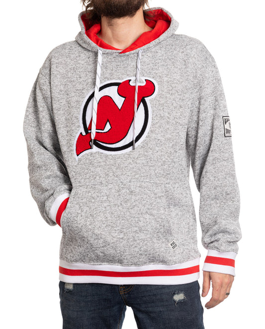Gray hoodie with red and white accents and a logo on a white background