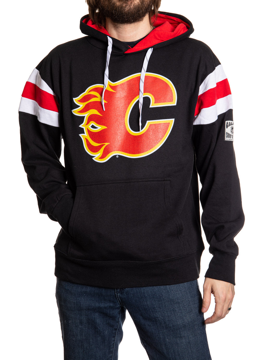 Black hoodie with red and white accents and a prominent logo on a white background