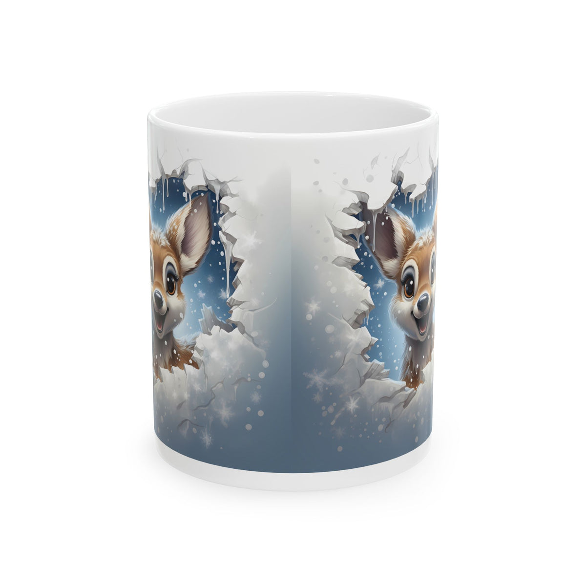 Adorable Deer-Themed Mug – Sublimation Design Featuring a Cute 3D-Like Illustration of a Cheerful Deer Peeking Through a Snowy Scene, Perfect for Holiday Beverages and Winter Celebrations.