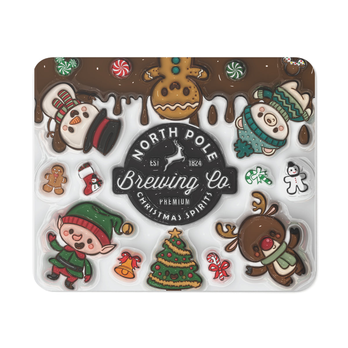 Christmas Mouse Pad – North Pole Brewing Co. Theme Featuring Adorable Holiday Characters Like Gingerbread, Snowmen, Elves, and Reindeer. A Fun and Festive Desk Accessory for the Holiday Season!