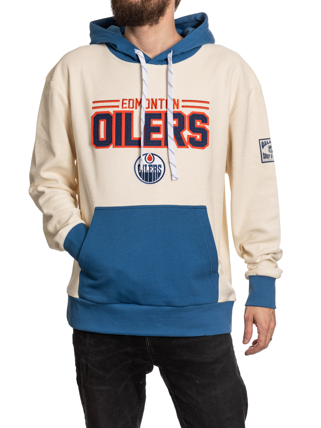 Edmonton Oilers hoodie with blue and beige design on a white background