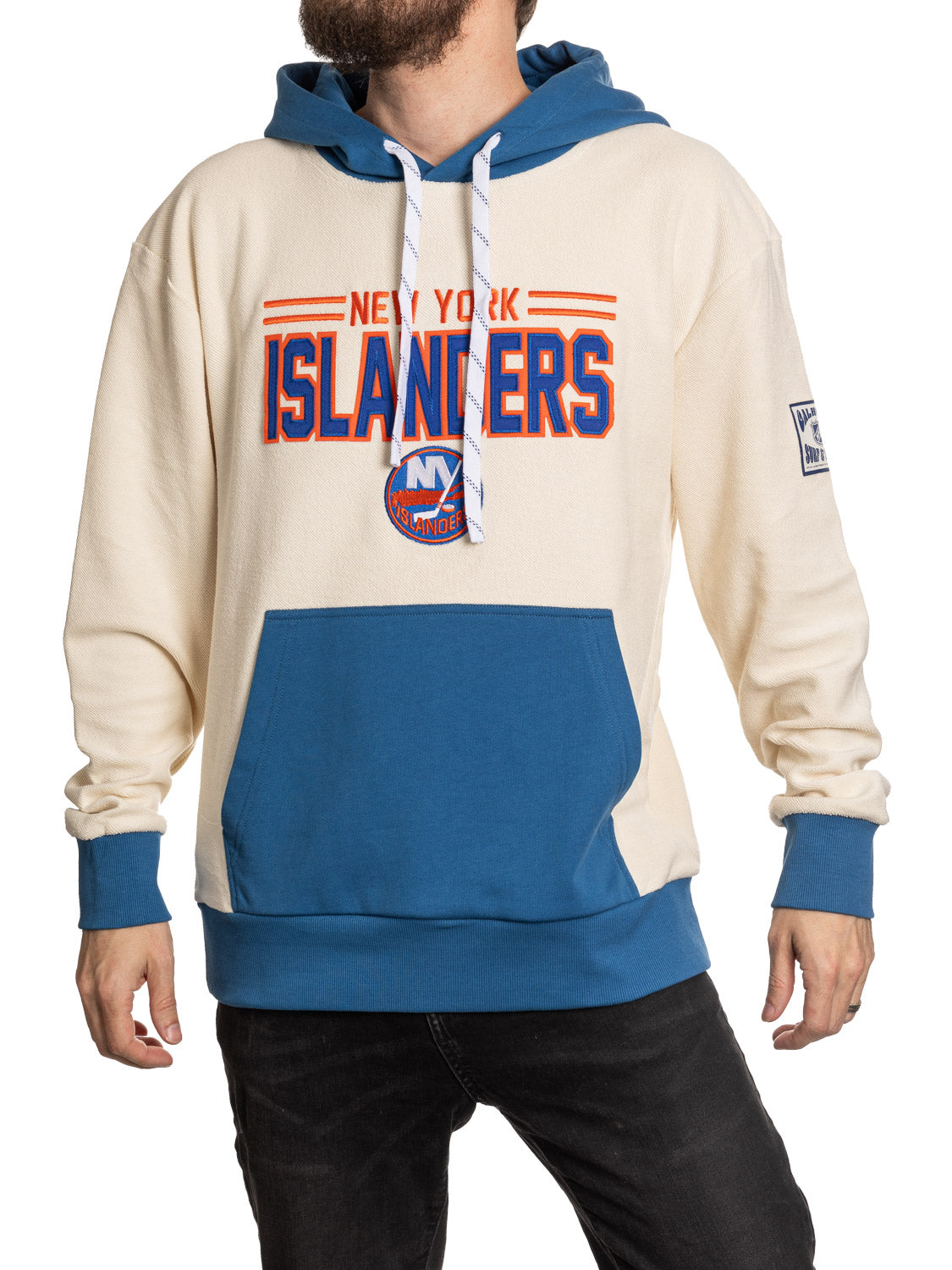 New York Islanders hoodie worn by a person on a white background