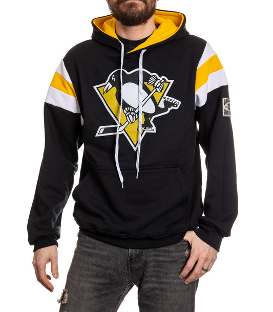 Black hoodie with a sports team logo on a white background