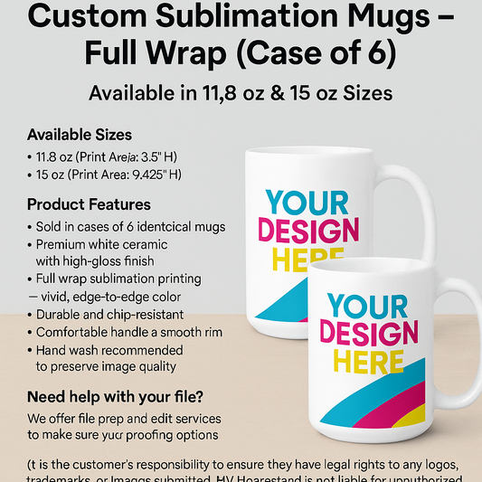 Full wrap custom sublimation mugs in 11.8 oz and 15 oz sizes, printed edge-to-edge with personalized designs. Sold in a set of 6 premium ceramic mugs.

