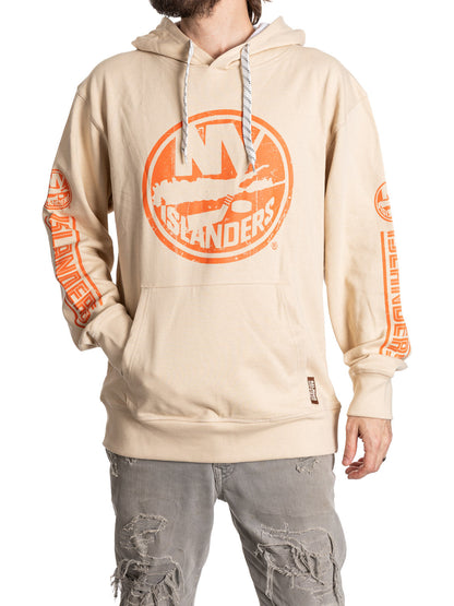 Beige hoodie with orange graphics and text on a white background