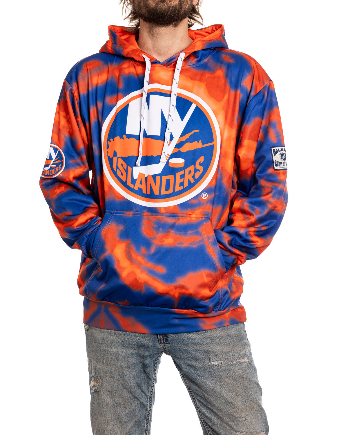 Person wearing a blue and orange tie-dye hoodie with 'New York Islanders' logo on a white background