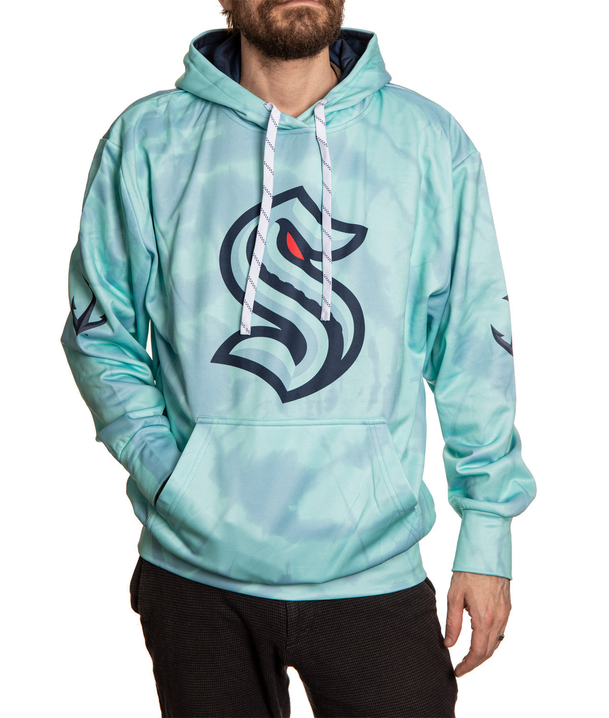 Light blue hoodie with a logo worn by a person on a white background