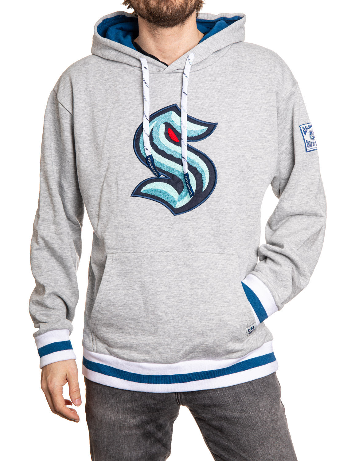 Gray hoodie with a logo on a white background
