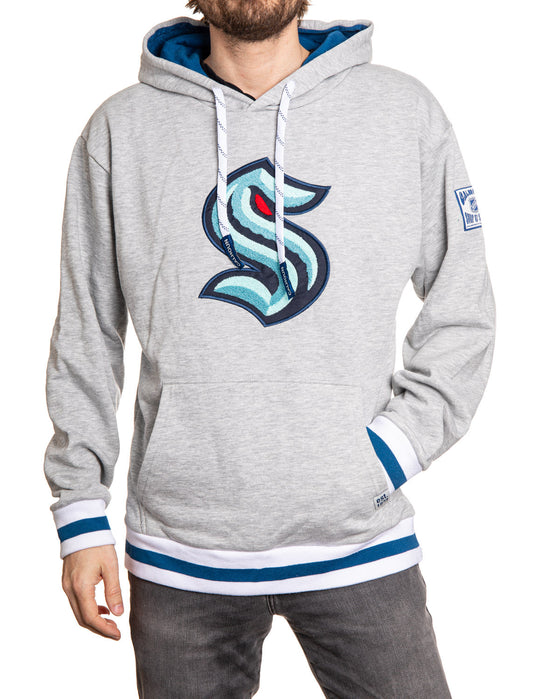 Gray hoodie with a logo on a white background